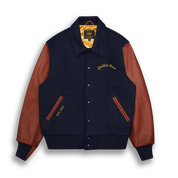THE ALBANY ANNIVERSARY JACKET - Navy Melton Wool/Mahogany Leather Classic Fit - Golden Bear Sportswear 