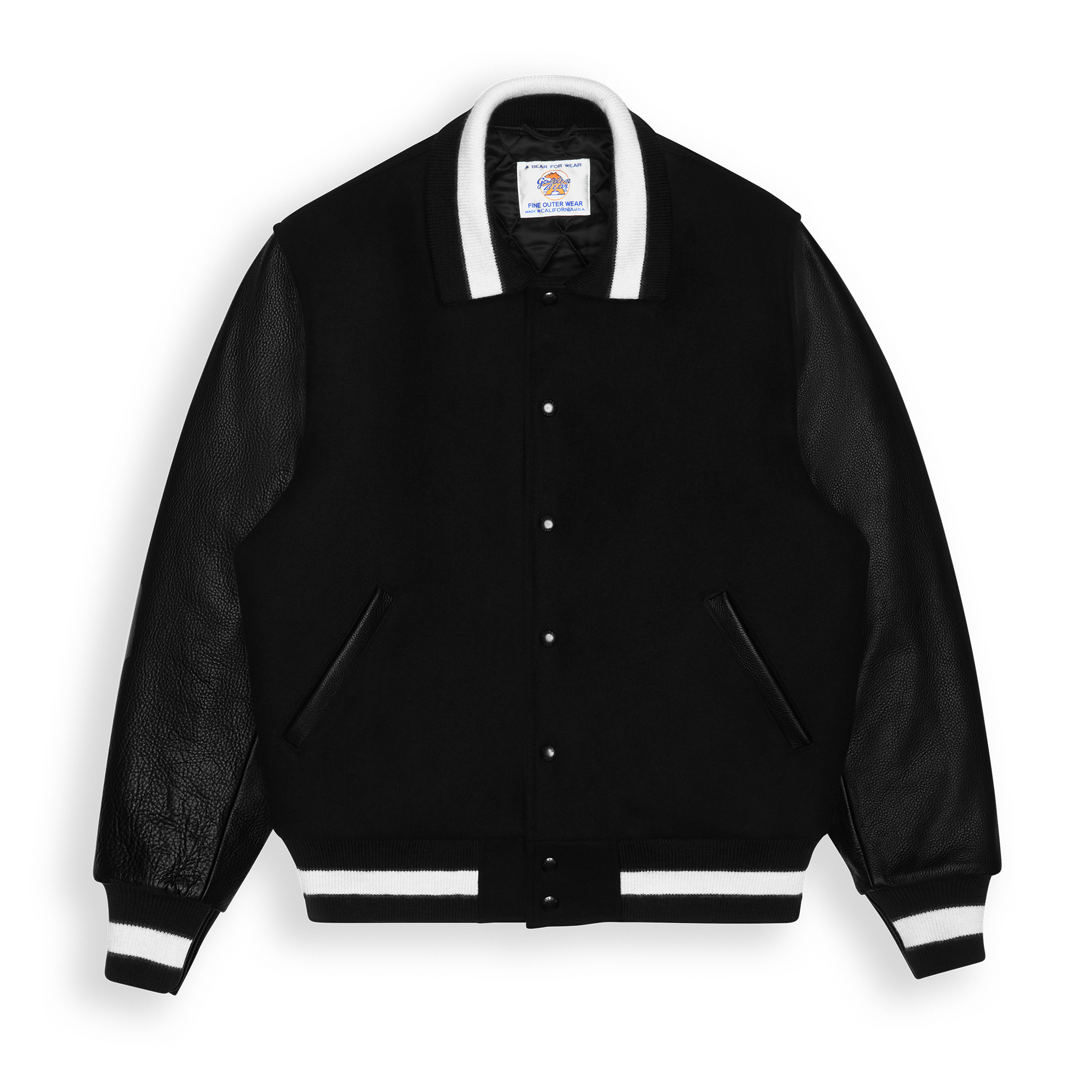 Black Contrast Stripe Knit Collar Varsity Jacket Classic Fit - Golden Bear Sportswear 
